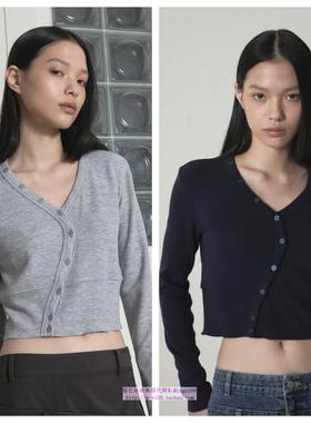 韩国ordes直邮代购2024秋春女装休闲V领短款百搭圆领长袖T恤上衣