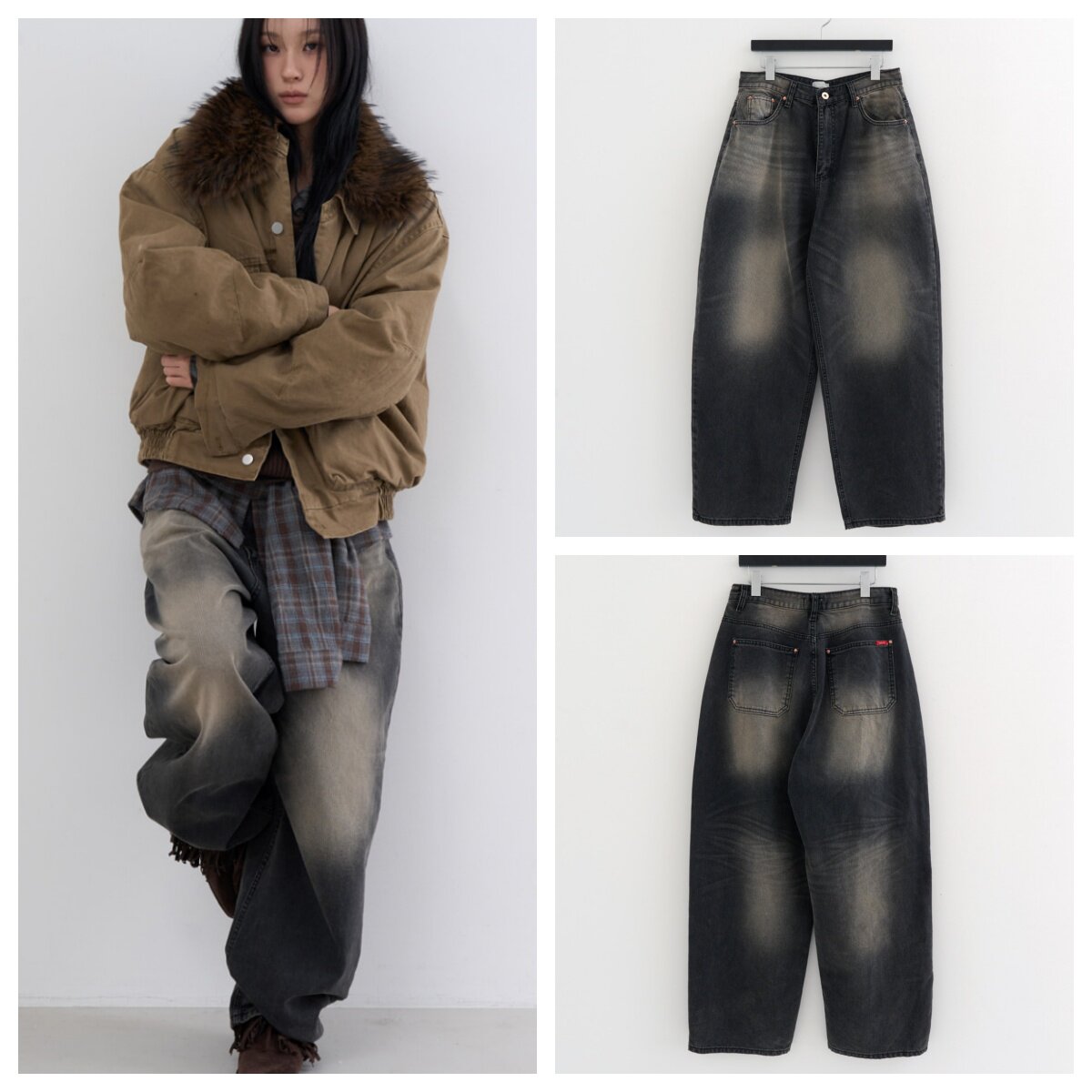 韩国lowear直邮代购2025秋冬宽松休闲时尚百搭做旧磨白牛仔长裤