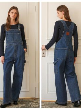 韩国among直邮代购2024春秋蓝色宽松休闲百搭背带减龄牛仔长裤