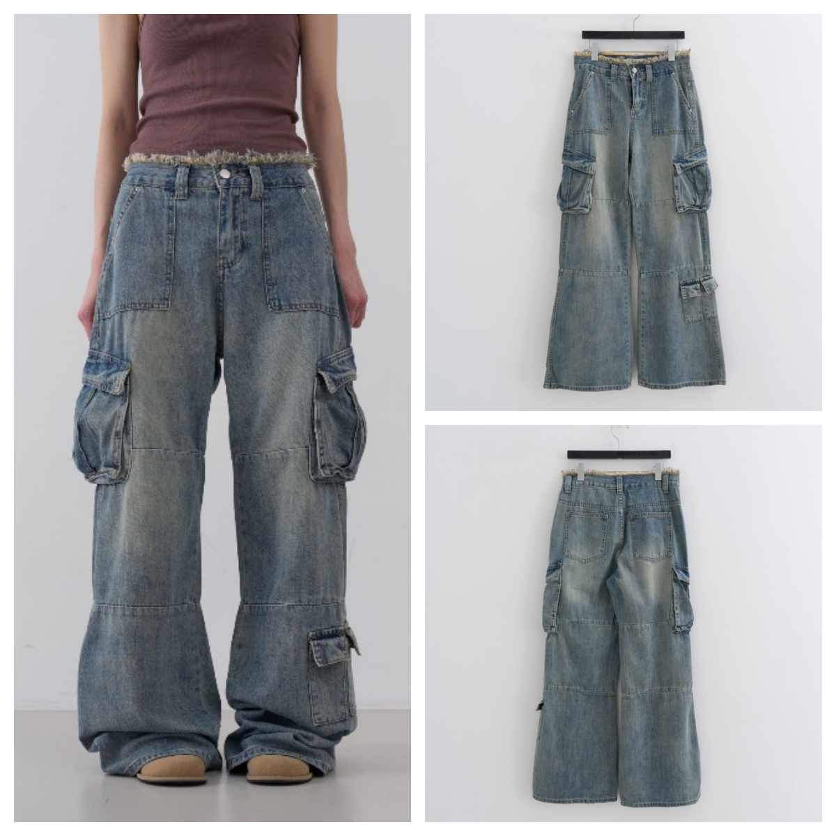 韩国lowear直邮代购2025春秋宽松休闲时尚百搭阔腿工装牛仔长裤