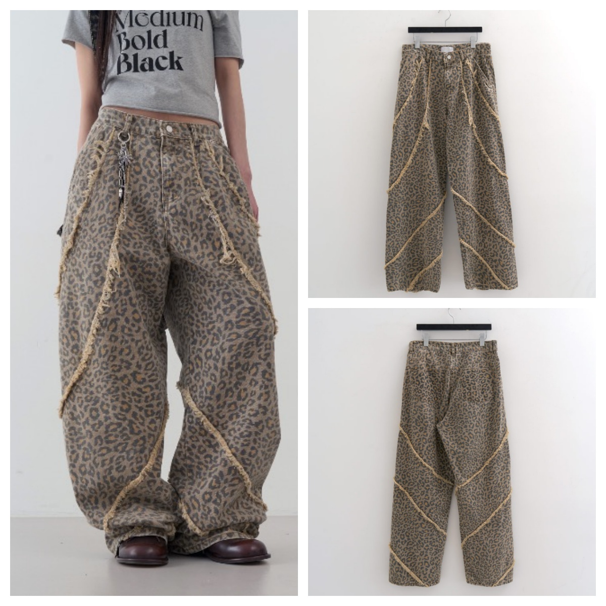 韩国lowear直邮代购2025春秋宽松豹纹时尚拖地裤显瘦百搭休闲长裤