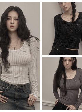 韩国khakipoint直邮代购2025春秋女装百搭时尚修身波点长袖T恤