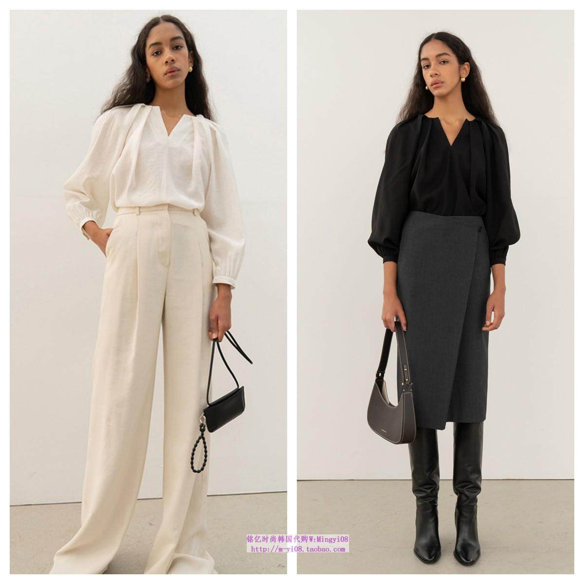 韩国KINDERSALMON直邮代购春秋女装宽松休闲V领褶皱衬衫长袖上衣