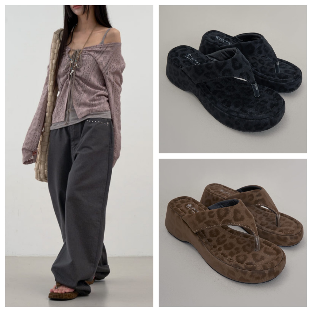 韩国lowear直邮代购2025夏女鞋时尚百搭舒适休闲豹纹人字拖拖鞋