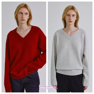 韩国STEP 2024秋冬美利奴羊毛混纺套头针织V领上衣 AROUND直邮代购