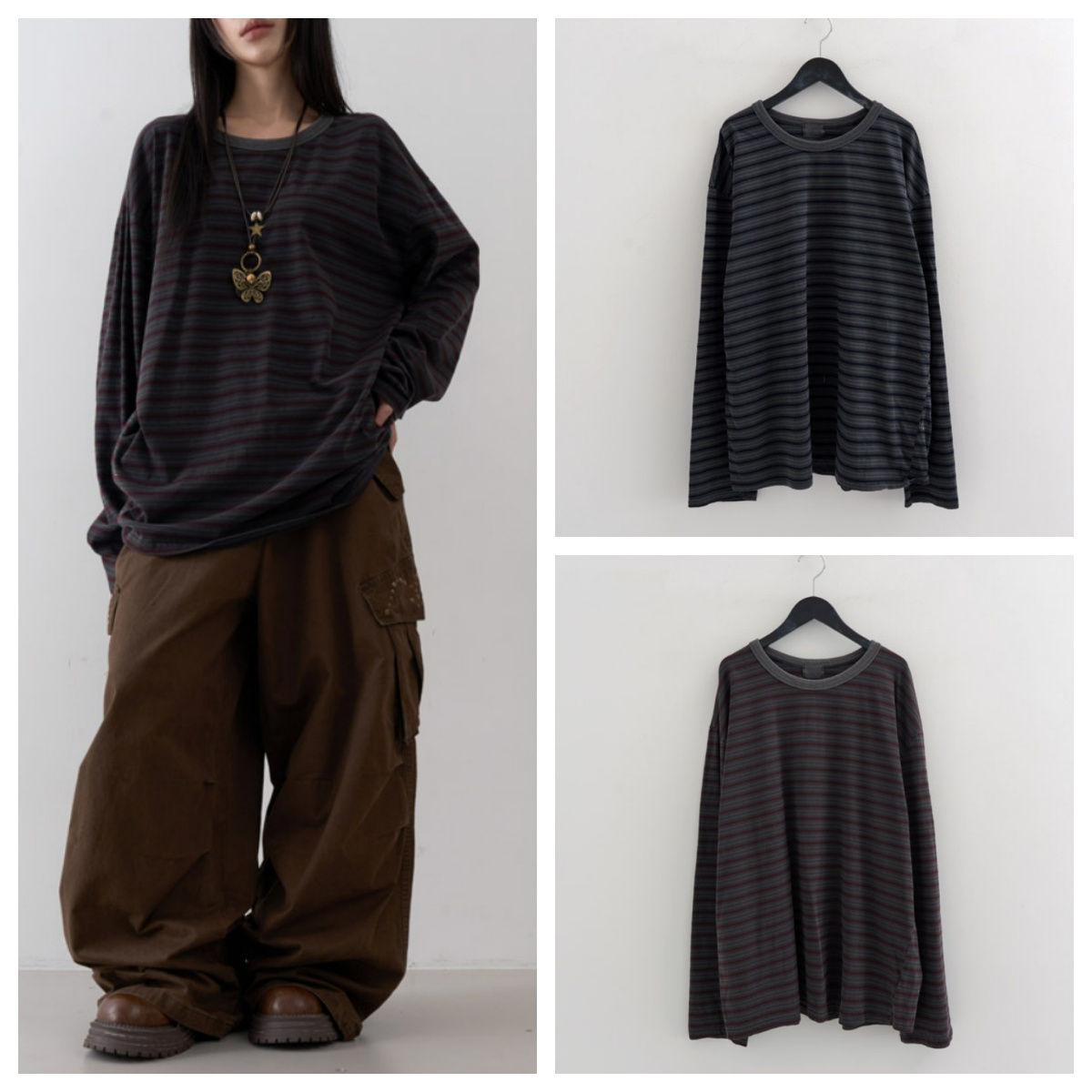 韩国lowear直邮代购2025春秋女装休闲百搭宽松条纹长袖T恤上衣