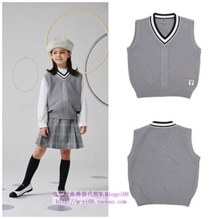 165 110 been韩国代购 2024春秋儿童毛灰色针织V领马甲背心外套童装