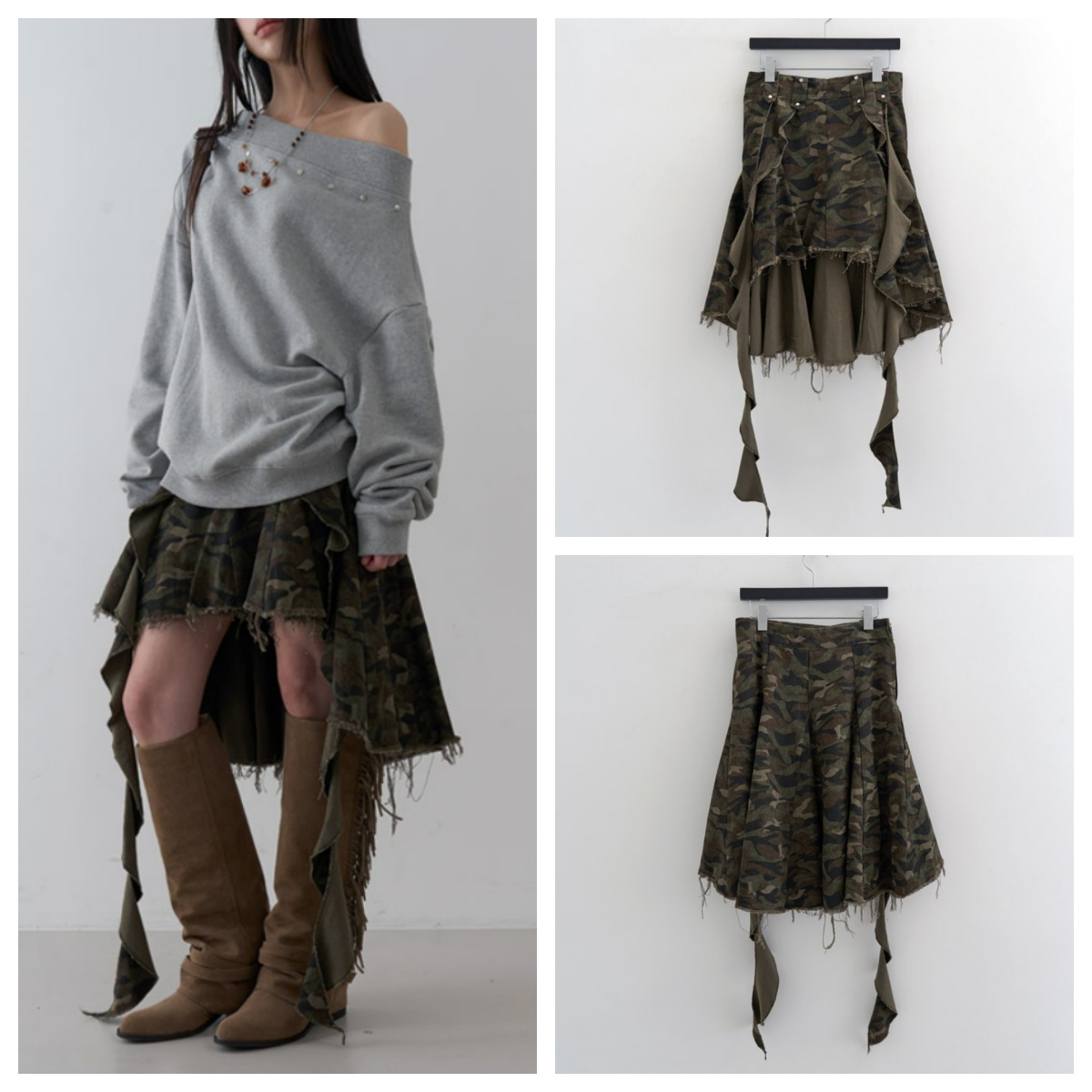 韩国lowear直邮代购2025春秋女装百搭时尚休闲舒适迷彩流苏半身裙