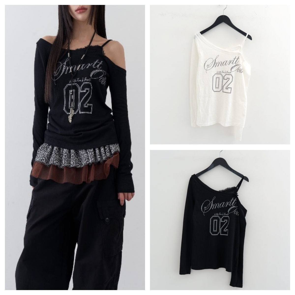 韩国lowear直邮代购2025春秋女装休闲宽松百搭露肩长袖T恤上衣