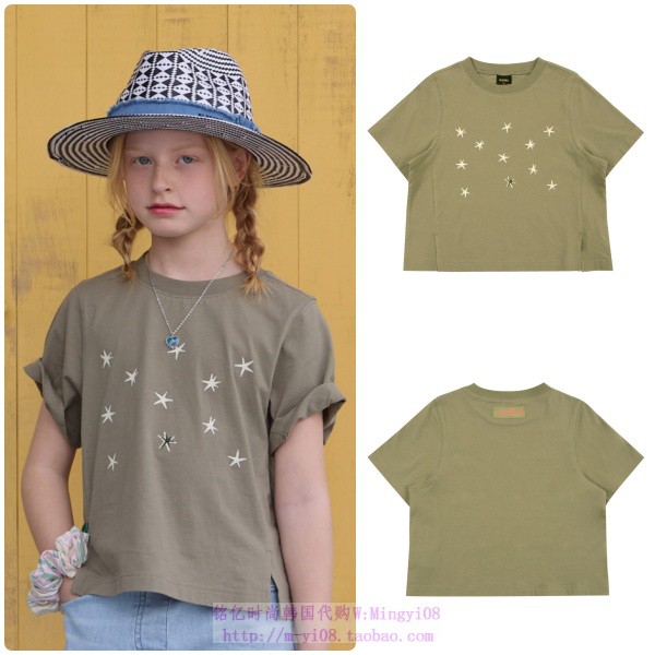 bluetail韩国代购2023夏儿童圆领休闲卡其套头短袖T恤上衣150-175