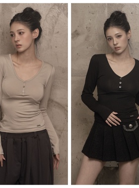 韩国khakipoint直邮代购2025春秋女装百搭时尚修身轻薄长袖T恤