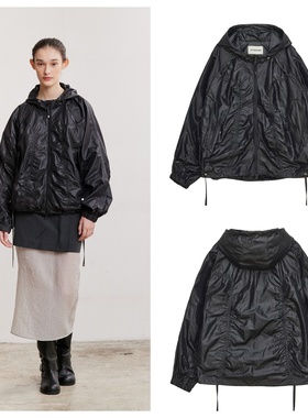 韩国AFTERHOURS直邮代购2024春秋女装抽褶连帽亮面防风服简约外套