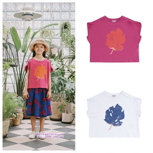 110 been韩国代购 T恤童装 套头短袖 165 2024夏儿童洋红木瓜叶短款