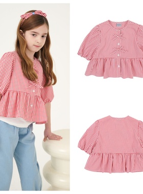 been韩国直邮代购2025春夏儿童红色格子短袖衬衫上衣童装100-165