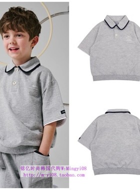 been韩国代购2024春夏儿童灰色翻领套头休闲短袖T恤童装110-165