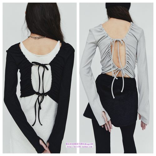 韩国diagonal直邮代购2024秋春女装背后系带露背修身长袖T恤上衣