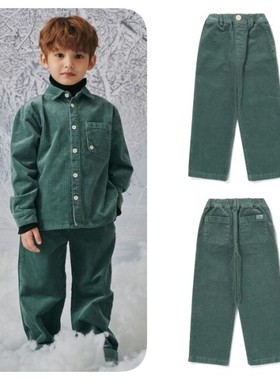 been韩国直邮代购2025秋冬男女儿童绿色灯芯绒长裤童装100-165