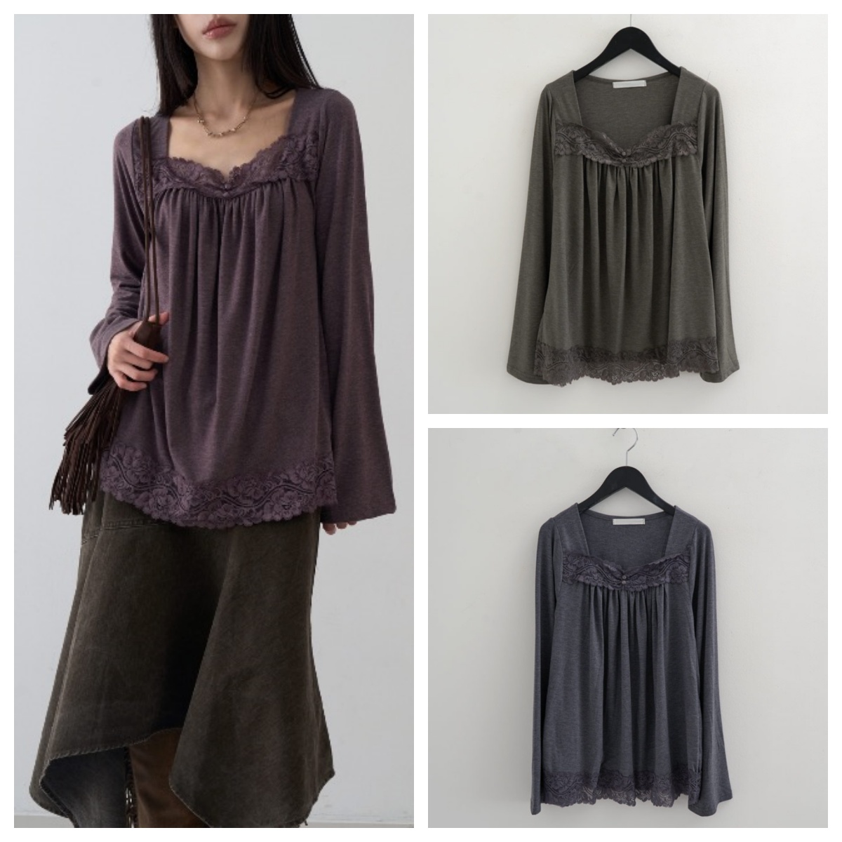 韩国lowear直邮代购2025春秋女装休闲宽松百搭蕾丝长袖T恤上衣