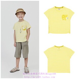 130 T恤上衣童装 165 2023夏儿童黄色条纹圆领套头短袖 been韩国代购