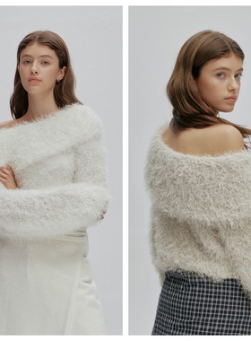 韩国afterhours直邮代购2025春秋女装时尚百搭毛茸针织衫露肩上衣