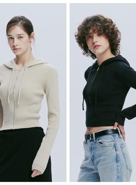 韩国AFTERHOURS直邮代购2024春秋女装羊毛混纺针织衫连帽修身显瘦