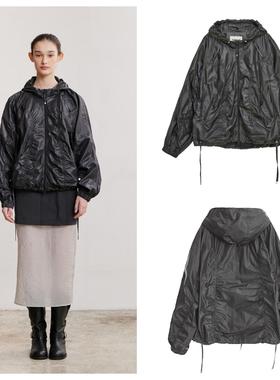 韩国AFTERHOURS直邮代购2024春秋女装抽褶连帽亮面防风服简约外套