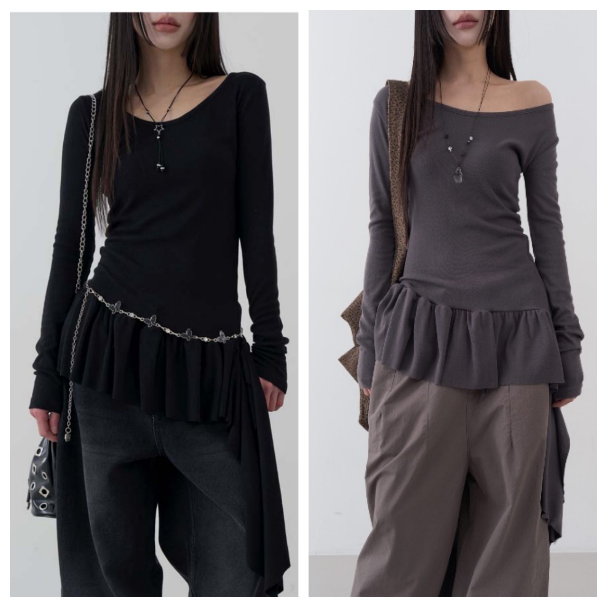 韩国lowear直邮代购2025春秋女装休闲宽松百搭露肩长袖T恤上衣