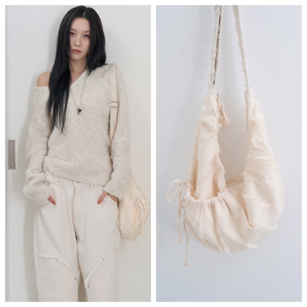 韩国lowear直邮代购2025女包时尚百搭休闲毛边布面单肩包手拎包包