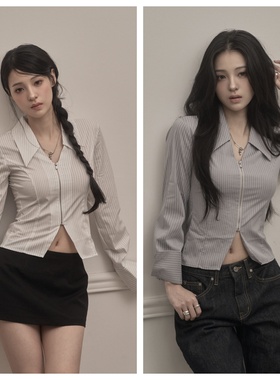 韩国khakipoint直邮代购2025春秋女装时尚百搭修身拉链长袖衬衫