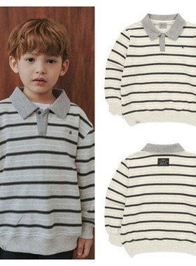 been韩国直邮代购2025秋春儿童条纹翻领套头长袖T恤童装100-165