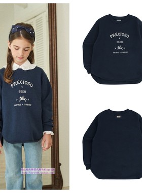 been韩国直邮代购2024秋春儿童套头海军蓝圆边长袖T恤童装110-165