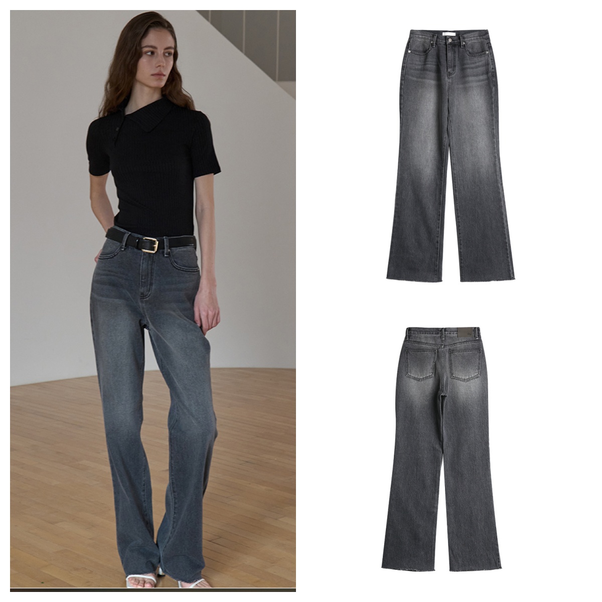 韩国ouie直邮代购2025春秋时尚百搭磨白休闲舒适显瘦牛仔长裤女装