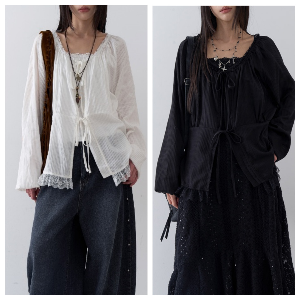 韩国lowear直邮代购2025春秋女装宽松休闲时尚系带衬衫长袖上衣