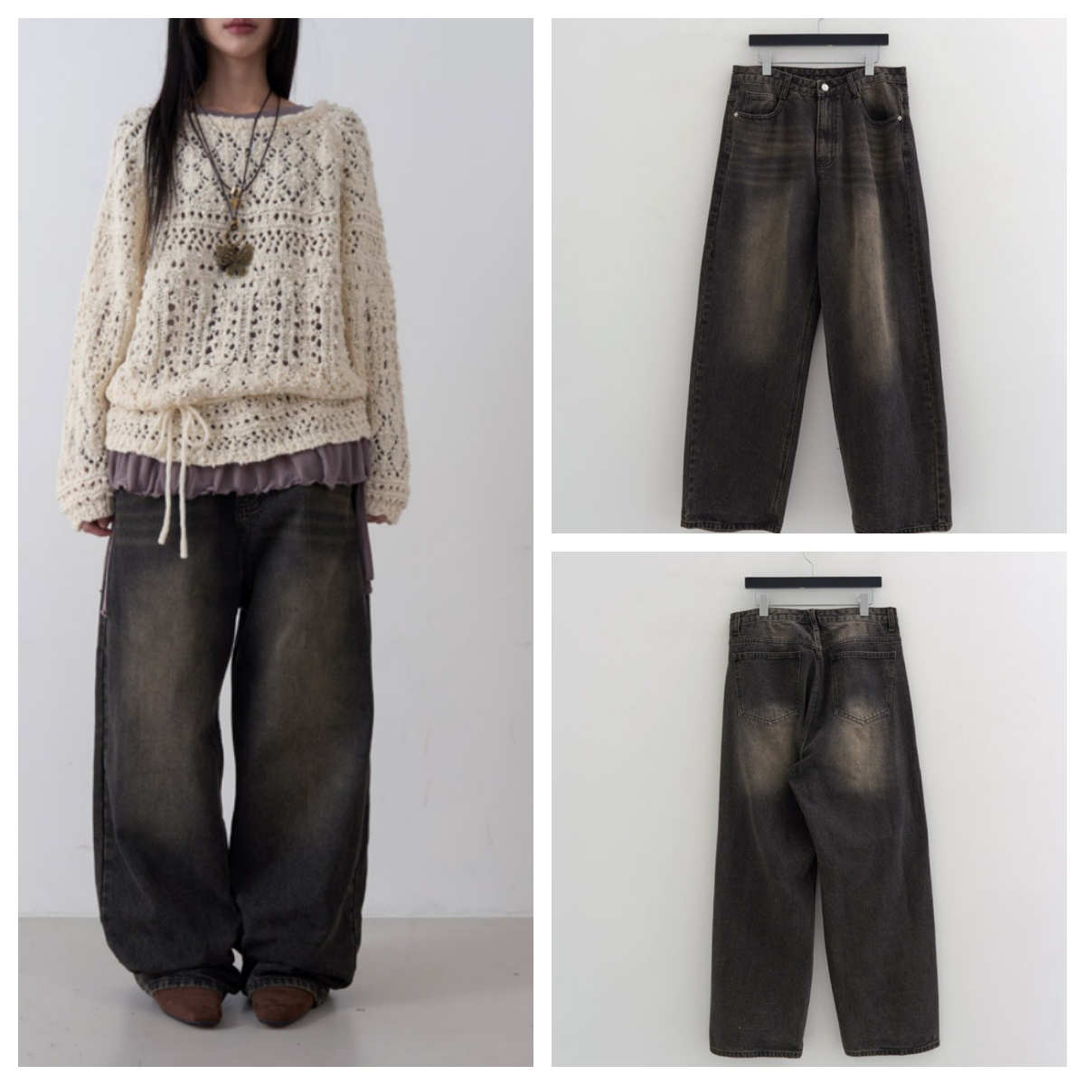 韩国lowear直邮代购2025秋冬宽松休闲时尚百搭做旧磨白牛仔长裤