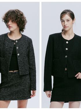 韩国afterhours直邮代购春秋女装羊毛混纺无领小香风时尚短款外套