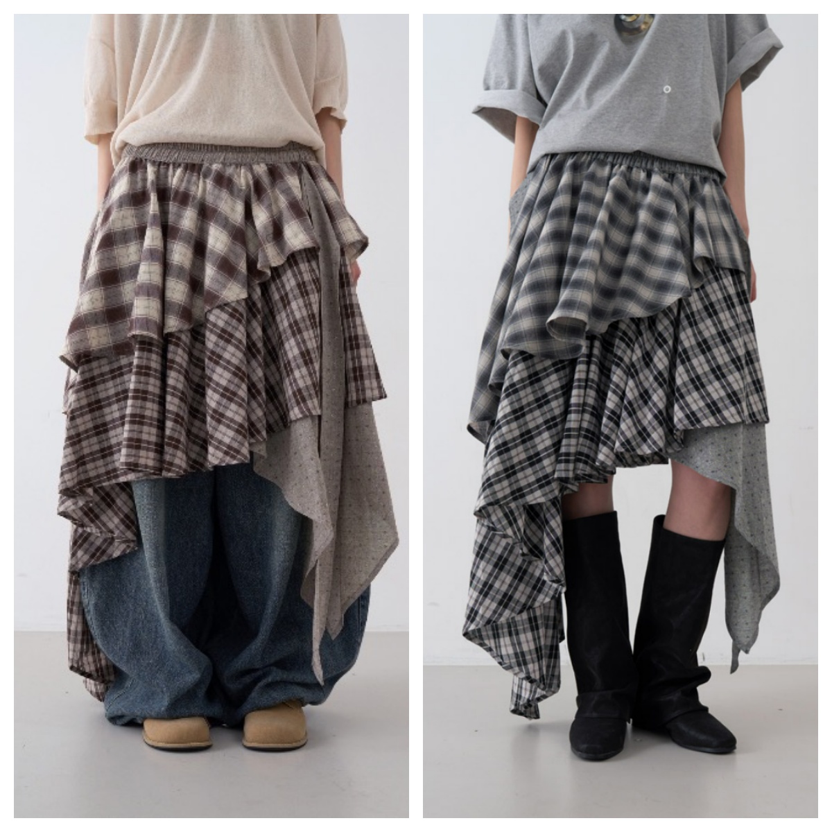 韩国lowear直邮代购2025春秋女装百搭时尚休闲格子不规则半身裙