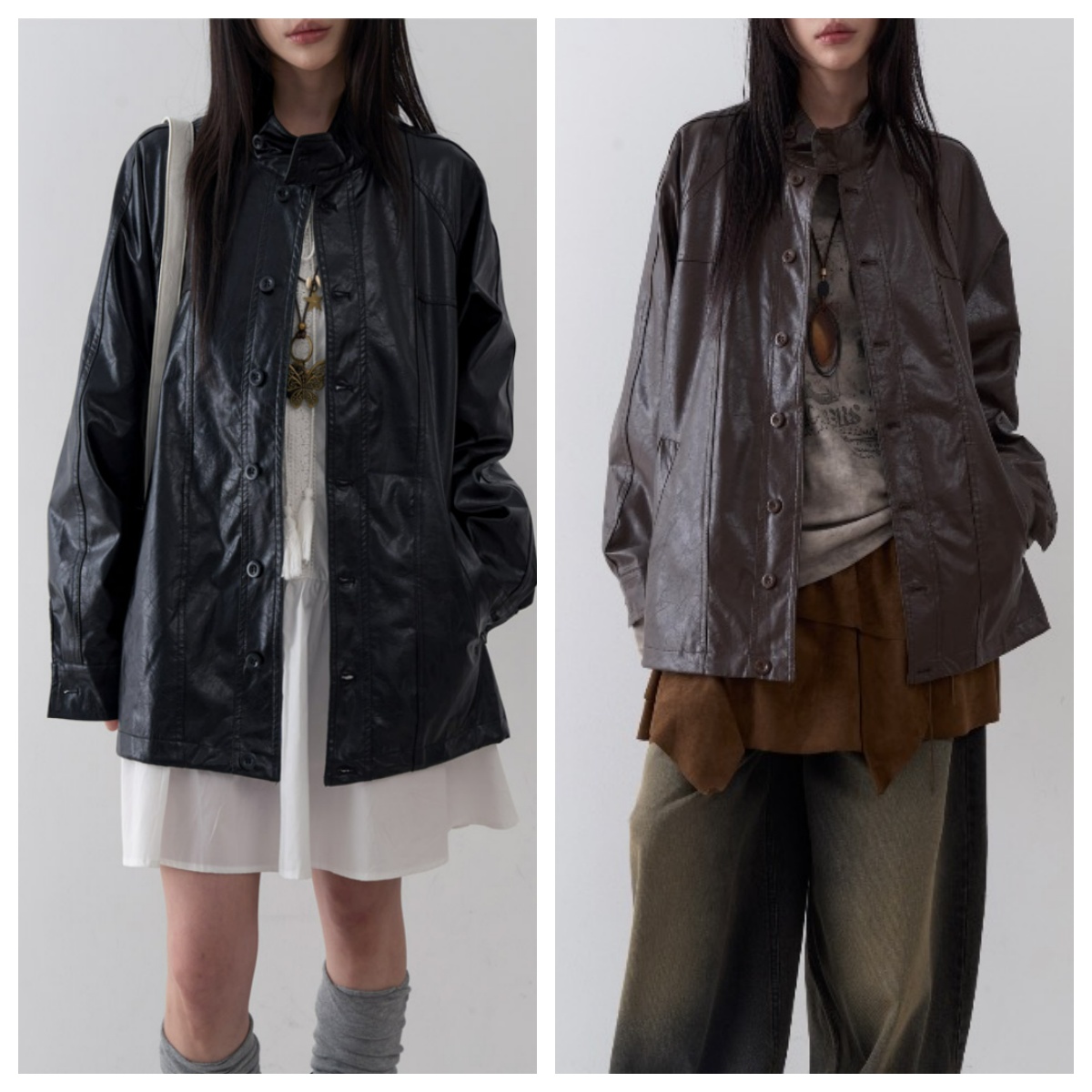 韩国lowear直邮代购2025春秋帅气休闲合成皮革皮衣女装上衣外套