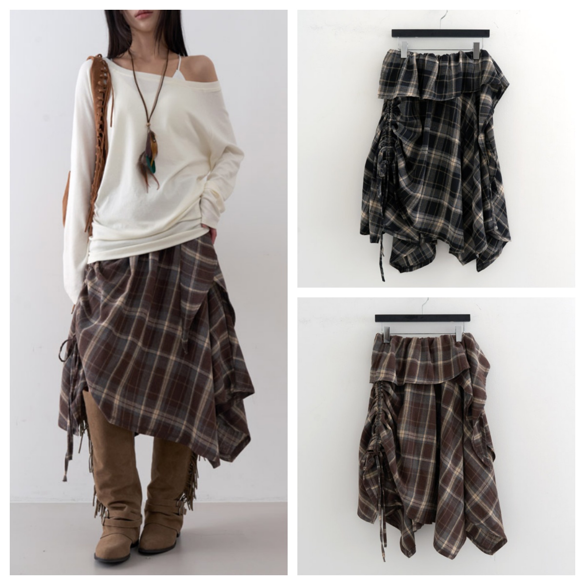 韩国lowear直邮代购2025春秋女装百搭时尚休闲格子抽绳长裙半身裙