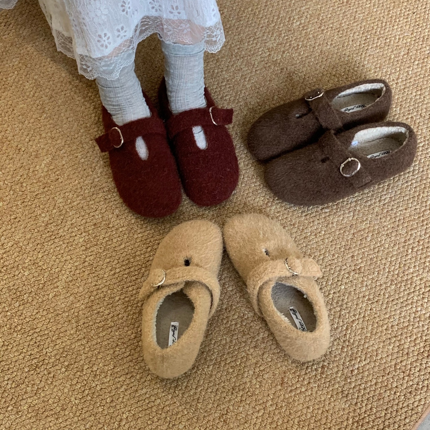 复古平底勃肯鞋森系毛毛鞋女鞋子2025秋冬季加绒休闲风乐福鞋单鞋