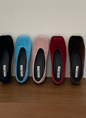 法式晚晚风温柔丝绒低跟单鞋女仙女法式小众复古蓝色芭蕾鞋奶奶鞋