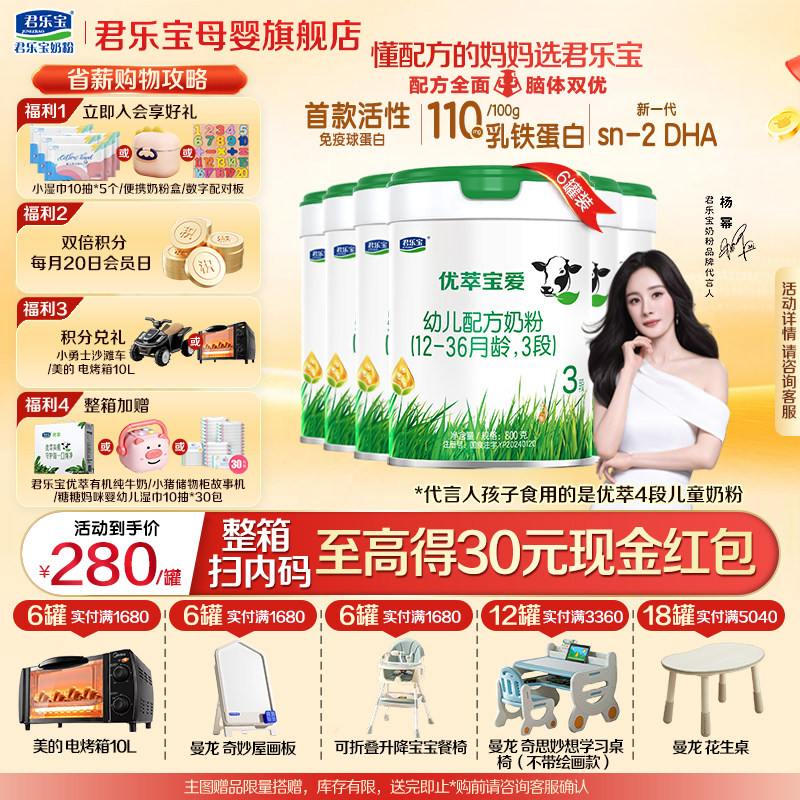 君乐宝优萃宝爱3段婴儿奶粉正品官方旗舰店HMO配方三段800gX6罐装,婴童奶粉,婴幼儿牛奶粉,淘宝优惠券,粉丝福利购,淘宝优惠卷