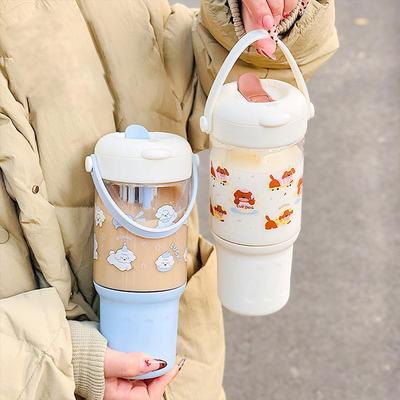 小狗汪汪塑料杯女生办公室大容量高颜值花茶杯带刻度提手吸管水杯