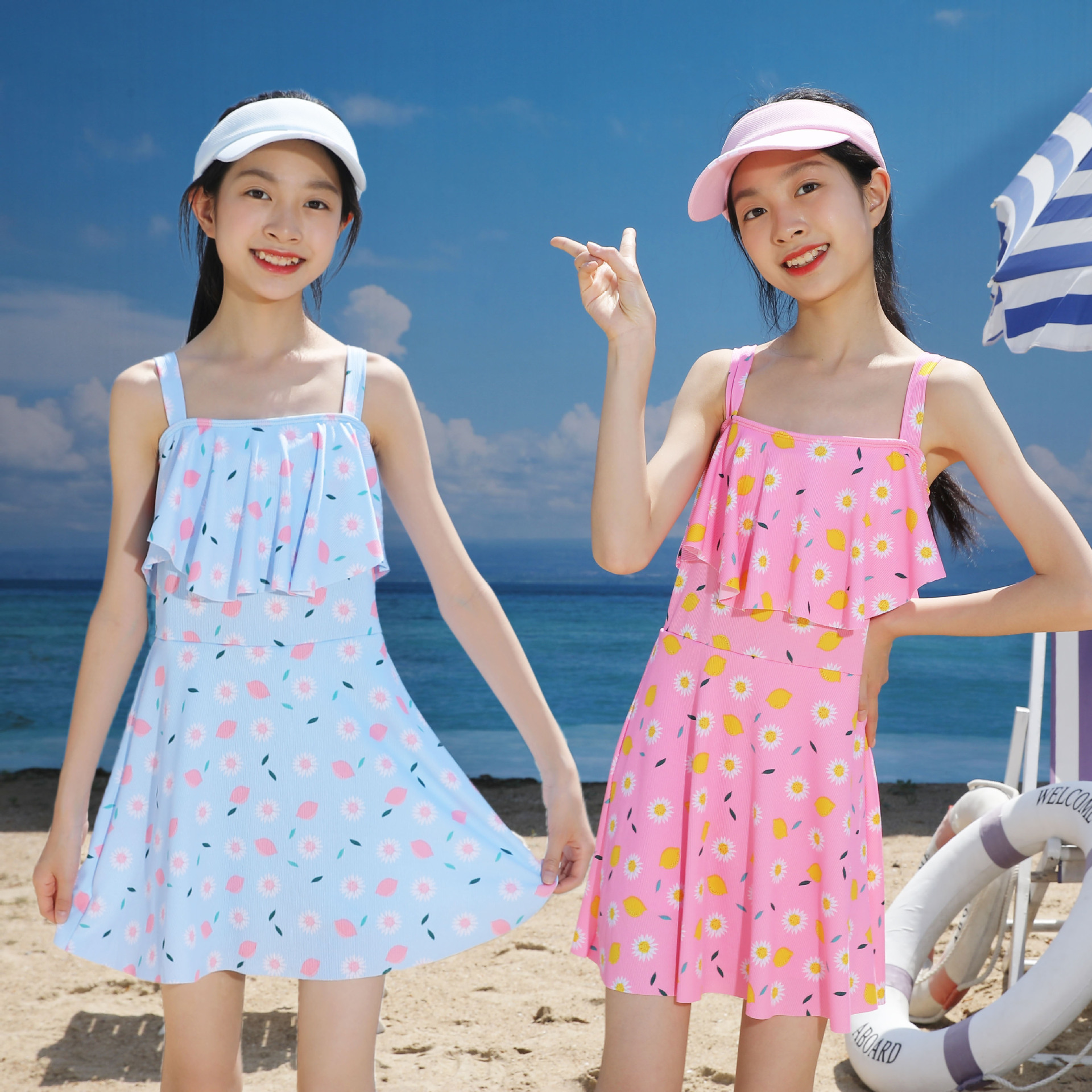 女童泳衣裙式泳衣2025新款防晒速干带胸垫吊带连体中大童泳衣