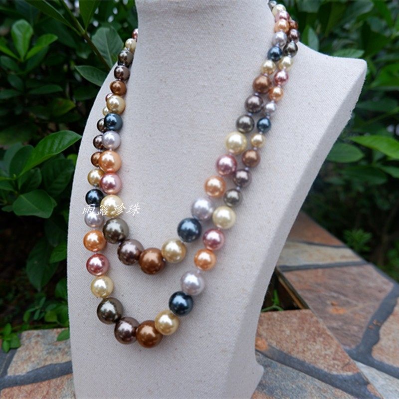 深海母贝混彩珍珠项链女 复古正圆大小渐变塔链长款毛衣链 送妈妈