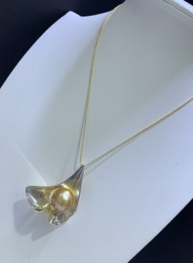 天然南洋金珠15-16mm胸针拉丝金艺术叶片款胸花吊坠两用 孤品特价
