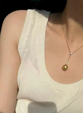 南洋母贝仿茶金正圆珍珠Y字抽拉项链满钻水滴可调节吊坠 轻奢气质