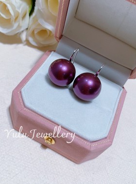 南洋母贝仿珍珠妖紫色16mm正圆强光纯银厚版高跟鞋耳钩高贵惊艳女