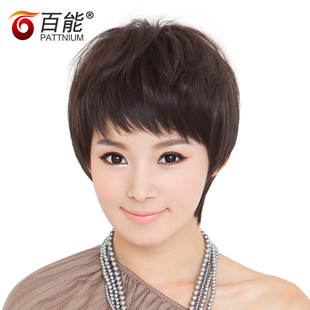 逼真真人发丝女士时尚 头套jiafa 斜刘海直发 帅气真发假发短发女
