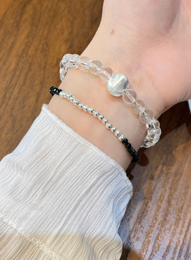 S925纯银猫眼珠白水晶手串黑色尖晶石简约气质叠戴弹力手链女