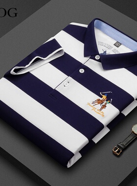 男士纯棉短袖t恤2026年夏季新款中年修身商务翻领条纹体恤打底衫